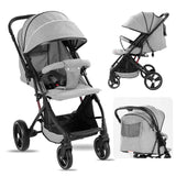 Compact Foldable Baby Stroller – Grey Linen Fabric, Shock - Absorbing Infant Pram for Daily Use & Travel