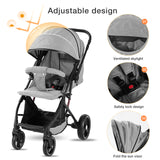 Compact Foldable Baby Stroller – Grey Linen Fabric, Shock - Absorbing Infant Pram for Daily Use & Travel