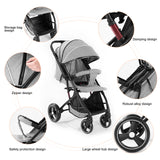 Compact Foldable Baby Stroller – Grey Linen Fabric, Shock - Absorbing Infant Pram for Daily Use & Travel