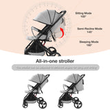 Compact Foldable Baby Stroller – Grey Linen Fabric, Shock - Absorbing Infant Pram for Daily Use & Travel