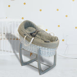 Cozy Grey Wicker Rocking Bassinet with White Stand – Plush Padded, Ideal for Infant Sleep & Nursery Decor
